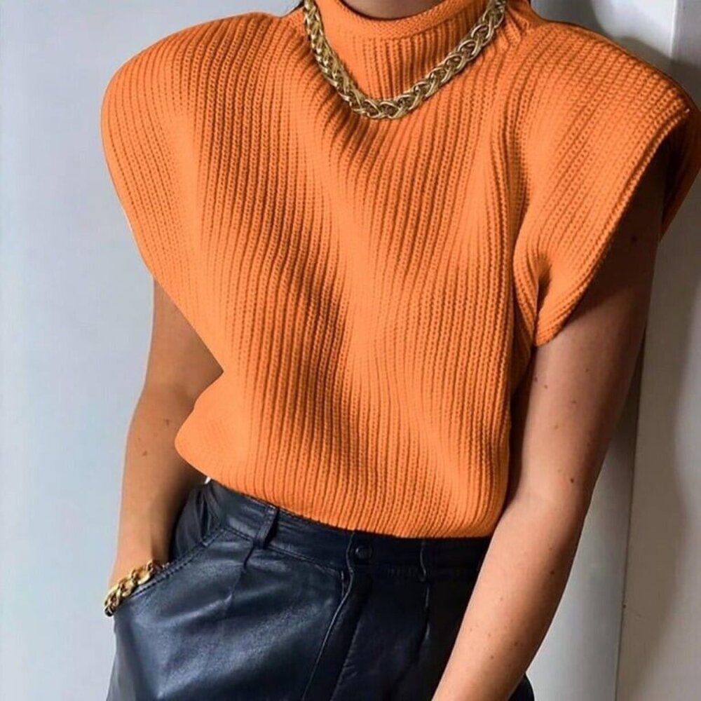 Women Sweater Shoulder Pad Knit Vest Medium Orange High Neck Cotton Top Knit
